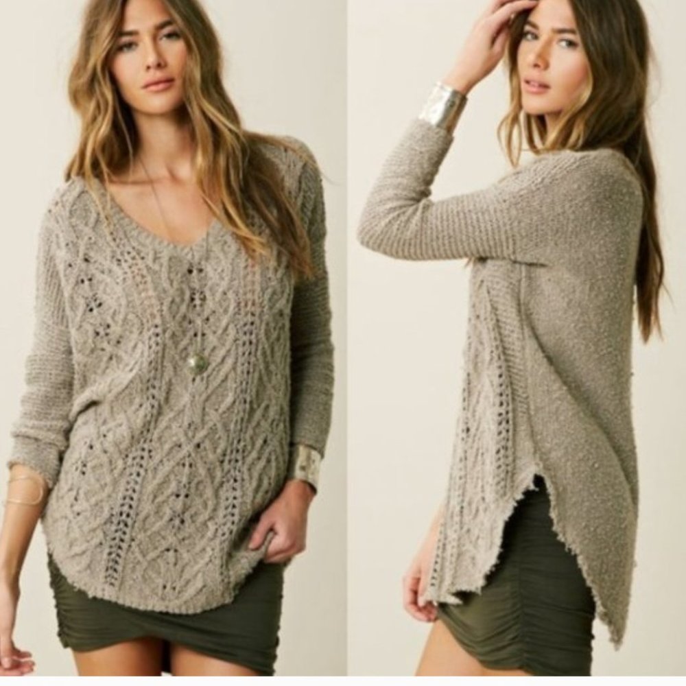 Free People Cross My Heart V-Neck Sweater Brown Tunic Oversized Cable Knit Small
